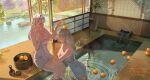  2girls 5b_bebenn absurdres bottle breasts cleavage commission cup english_text firefly_(honkai:_star_rail) food food_on_head fruit fruit_on_head grey_hair hair_between_eyes hair_intakes highres honkai:_star_rail honkai_(series) in_water large_breasts long_hair multiple_girls naked_towel object_on_head onsen orange_(fruit) plant potted_plant sitting stelle_(honkai:_star_rail) towel trailblazer_(honkai:_star_rail) 