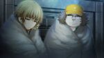  1boy 1girl 2015 amane_suzuha amane_suzuha_(beta) baseball_cap black_jacket blue_jacket blue_track_suit braid brown_hair collared_shirt cropped_jacket fat fat_man father_and_daughter frown fur_blanket game_cg green_eyes green_shirt hair_rings hashida_itaru hat high_collar highres huke indoors jacket jacket_over_jacket leather leather_jacket looking_at_another looking_down midriff non-web_source official_art open_collar ringed_eyes shirt smile steins;gate steins;gate_0 track_jacket track_suit twin_braids twintails wrapped_in_blanket yellow_eyes yellow_hat 