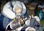  1boy alcohol armor black_horns blue_cape blue_eyes bottle bracer braid braided_beard broken_horn cape chisel coat coin copyright_name facial_hair fingerless_gloves fur_coat gloves hammer helmet heterochromia holding holding_hammer horns indoors male_focus mouth_hold old old_man pixiv_fantasia pixiv_fantasia_last_saga scar scar_across_eye scar_on_face scar_on_hand sitting solo sou-_-you teeth_hold unworn_headwear unworn_helmet white_hair yar_(pixiv_fantasia_last_saga) yellow_eyes 