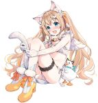  1girl animal_ear_fluff animal_ears bell blonde_hair blue_eyes blush boots breasts cat_cutout cat_ears cat_lingerie cat_tail cleavage_cutout clothing_cutout duck_hair_ornament elbow_gloves embarrassed fake_animal_ears fake_tail flat_chest flower frilled_thigh_strap fur_collar fur_trim gloves hair_flower hair_ornament hair_ribbon high_heel_boots high_heels highres hugging_own_legs lingerie long_hair mascot meme_attire navel neck_bell open_mouth panties petite ribbon shirana_tamana side-tie_panties socks solo striped_clothes striped_socks sweat tail thigh_strap thighs twintails underwear varium virtual_youtuber watamiya_ahiru white_background white_gloves wing_hair_ornament wings 