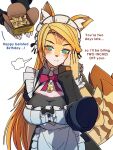  1boy 1girl alternate_costume apron blush breasts commentary dorahdew english_commentary english_text furry furry_female gift goldfish_(cracker) hand_on_another&#039;s_face highres holding holding_gift large_breasts looking_at_viewer maid maid_apron maid_headdress out_of_frame puff_of_air pulchra_fellini wise_(zenless_zone_zero) zenless_zone_zero 
