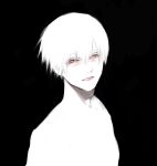  1boy bangs black_background colored_skin highres kaneki_ken koujima_shikasa looking_at_viewer male_focus minimalism parted_lips red_eyes short_hair simple_background solo spot_color teeth tokyo_ghoul upper_body white_skin 