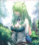  1girl absurdres antlers bangs bird blue_bow blurry blurry_foreground bow branch breasts bush ceres_fauna cleavage commentary day depth_of_field dress earrings english_commentary flower green_hair hair_flower hair_ornament hair_over_one_eye highres hololive hololive_english jewelry kyatto-mikazu large_breasts long_hair long_sleeves looking_away nature outdoors parted_lips signature solo upper_body virtual_youtuber white_dress white_flower yellow_eyes 