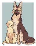 2025 ambiguous_gender black_nose brown_body brown_eyes brown_fur canid canine canis digital_media_(artwork) domestic_dog duo facial_markings female_(lore) feral floppy_ears fluffy fluffy_tail fur german_shepherd gloves_(marking) green_eyes head_markings herding_dog hi_res leg_markings looking_at_another looking_at_viewer lop_ears male_(lore) mammal markings multicolored_body multicolored_fur one_eye_closed pastoral_dog pointy_ears prick_ears quadruped side_by_side signature sitting sitting_on_ground size_difference snout socks_(marking) tail tan_body tan_fur tsukune_minaga two_tone_body two_tone_fur waist_grab yellow_body yellow_fur