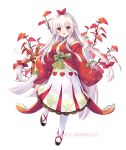  1girl :d bare_shoulders black_sandals blush bow breasts detached_sleeves flower_knight_girl green_bow hair_ribbon half_updo heart highres japanese_clothes kimono long_hair long_sleeves looking_at_viewer medium_breasts name_connection object_namesake official_art pantyhose pleated_skirt red_eyes red_kimono red_ribbon red_sleeves redbud_hazel_(flower_knight_girl) ribbon sandals simple_background skirt sleeveless sleeveless_kimono smile solo standing standing_on_one_leg umeko_machi very_long_hair white_background white_hair white_pantyhose white_skirt wide_sleeves 