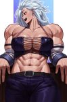  1girl abs absurdres belt black_belt black_pants breasts cleavage cross-laced_clothes cross-laced_top dorohedoro ear_piercing highres large_breasts leaning_back long_hair midriff mismatched_eyebrows muscular muscular_female noi_(dorohedoro) open_mouth pants piercing profile smile solo sotcho white_hair 