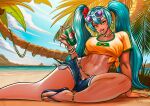  1girl aqua_eyes aqua_hair beach bead_choker beads belly_chain brazilian_flag brazilian_flag_print brazilian_miku can cloud eyewear_on_head flag_print flower grass green_nails guarana_antarctica hair_flower hair_ornament hatsune_miku highres holding holding_can jewelry long_hair looking_at_viewer midriff navel open_mouth outdoors palm_tree rankgo rectangular_earrings red_flower shirt short_sleeves shorts_tan smile solo sunglasses tan tanlines tied_shirt tongue tongue_out tree twintails very_long_hair vocaloid white-framed_eyewear yellow_shirt 