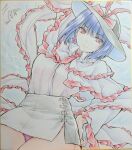  1girl absurdres alternate_costume arm_up black_hat black_skirt blue_hair bow capelet closed_mouth commentary_request dated earrings frilled_capelet frilled_shawl frills hat hat_bow highres jewelry long_sleeves looking_at_viewer medium_hair monety nagae_iku necktie panties pantyshot pink_panties purple_hair red_bow red_eyes red_necktie shawl shikishi shirt signature skirt smile solo touhou traditional_media underwear white_capelet white_shirt 