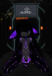anthro black_body black_hair breasts cable chain chain_leash dark_room domestic_cat electricity electronics fan_character felid feline felis female fur genitals glowing glowing_eyes hair hi_res imminent_sex innie_vulva kneeling laboratory leash long_hair looking_at_viewer made_in_abyss mammal markings metal narehate navel nippel presenting purple_eyes silavos smile solo spread_legs spreading teeth television vrchat vulva watermark white_body white_fur