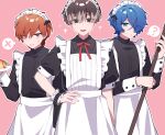  3boys :d :o ? anger_vein apron blue_hair broom brown_hair colored_tips cowboy_shot crossdressing earrings food hand_on_own_hip highres holding holding_broom holding_plate jewelry kajiyama_fuuta kayano_mikoto long_sleeves looking_at_viewer maid maid_apron maid_headdress male_focus male_maid milgram multicolored_hair multiple_boys neck_ribbon omelet omurice orange_hair outline pink_background plate red_ribbon ribbon sakurai_haruka_(milgram) short_sleeves simple_background smile spoken_question_mark spoken_x sweatdrop v-shaped_eyebrows white_outline yingwux1 