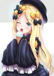  1girl abigail_williams_(fate) bangs black_bow black_dress black_headwear blonde_hair blue_eyes blush bow breasts dress fate/grand_order fate_(series) food forehead hat highres ice_cream ice_cream_cone licking long_hair long_sleeves looking_at_viewer multiple_bows one_eye_closed open_mouth orange_bow parted_bangs revision ribbed_dress shirokuro_(monochrome0226) sleeves_past_fingers sleeves_past_wrists solo tongue tongue_out 