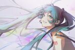  1girl arm_tattoo bangs blue_eyes blue_hair commentary eyebrows_visible_through_hair floating_hair grey_background grey_shirt grin hair_between_eyes hatsune_miku headphones headset highres lens_flare long_hair making-of_available microphone rainry shirt sleeveless sleeveless_shirt smile solo tattoo twintails very_long_hair vocaloid 