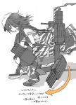  1girl animal_print arrow_(symbol) breasts cape commentary_request cutlass gloves greyscale hat highres kantai_collection kiso_(kancolle) kiso_kai_ni_(kancolle) machinery medium_breasts monochrome narukan sailor_hat school_uniform serafuku solo spot_color tiger_print torpedo_launcher 
