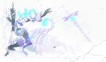  1girl absurdres armor bad_anatomy bad_face black_helmet blue_trim blurry blurry_background blurry_edges blurry_foreground colored_skin dappled_sunlight dragon_horns dragon_tail dress dropping duel_monster facing_to_the_side fake_horns foreshortening grey_eyes helmet highres horned_headwear horns japanese_clothes kimono knee_up leg_armor light_particles long_hair looking_to_the_side motion_blur muted_color open_hand outstretched_arm partially_colored pleated_skirt purple_skirt purple_trim running shoulder_armor skirt spot_color sunlight sword swordsoul_of_mo_ye tail throwing turning_head two-tone_dress water water_drop weapon white_armor white_background white_hair white_helmet white_kimono xetsumei yu-gi-oh! 