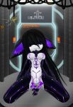 anthro black_body black_hair breasts cable chain chain_leash domestic_cat electricity electronics fan_character felid feline felis female fur genitals glowing glowing_eyes hair hi_res imminent_sex innie_vulva kneeling laboratory leash long_hair looking_at_viewer made_in_abyss mammal markings metal narehate navel nippel presenting purple_eyes silavos smile solo spread_legs spreading teeth television vrchat vulva watermark white_body white_fur