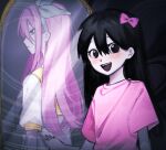  2girls :d abstract_background aged_down arm_at_side aubrey_(faraway)_(omori) aubrey_(omori) black_background black_eyes black_hair black_mouth blush bow bow_hairband closed_mouth colored_skin different_reflection dual_persona film_grain grey_eyes grey_hairband hair_behind_ear hair_bow hairband hashtag-only_commentary highres jacket looking_at_viewer madai_(si_202) mirror multiple_girls omori open_clothes open_jacket open_mouth pink_bow pink_hair pink_shirt profile puffy_short_sleeves puffy_sleeves reflection sailor_collar shirt short_sleeves sidelocks simple_background smile straight_hair t-shirt teeth tongue upper_body upper_teeth_only vignetting white_jacket white_skin yellow_sailor_collar 