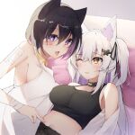  2girls absurdres animal_ear_fluff animal_ears bandaged_arm bandages bandaid bandaid_on_arm bandaid_on_face bangs bare_shoulders black_choker black_hair black_ribbon black_shirt blush breasts camisole cat_ears choker colored_inner_hair commentary_request crop_top eyebrows_visible_through_hair fang hair_between_eyes hair_ornament hair_ribbon hand_on_another&#039;s_stomach heart heart-shaped_pupils highres kurohikage long_hair looking_at_another looking_at_viewer lying medium_breasts midriff multicolored_hair multiple_girls nail_polish navel off_shoulder on_back one_eye_closed open_mouth original parted_lips purple_hair ribbon shirt short_hair silver_hair streaked_hair symbol-shaped_pupils tongue tongue_out two_side_up white_shirt yellow_choker yellow_eyes 