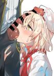  1boy 1girl absurdres alice_(egocentric_patissiere)_(tales) alice_(tales) bar_censor blonde_hair blush censored commission cum cum_on_body cum_on_hair cum_on_headwear facial grabbing_another&#039;s_thighs hat hetero highres mogamiya_honu official_alternate_costume oral pants penis penis_on_face regal_bryan short_hair tales_of_(series) tales_of_symphonia tales_of_symphonia_knight_of_ratatosk tales_of_the_rays testicle_sucking tongue tongue_out white_background yellow_eyes 