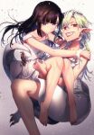  2girls barefoot black_hair blue_eyes carrying dress fingernails grin highres long_hair monster_girl multiple_girls original pointy_ears princess_carry red_eyes sharp_fingernails sharp_teeth sharp_toenails silver_hair slit_pupils smile tail teeth tkai40 toenails white_dress yuri 