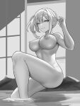  1girl breasts completely_nude evelyn_chevalier hair_bun highres large_breasts looking_at_viewer nipples nude onsen romeboom self-upload solo unfinished zenless_zone_zero 