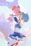  2girls bare_shoulders belt blue_hair blue_skirt bow cape commentary detached_sleeves dress fortissimo frilled_dress frilled_socks frills gloves hair_bow hair_ornament highres hug kaname_madoka kaname_madoka_(magical_girl) magical_girl mahou_shoujo_madoka_magica mahou_shoujo_madoka_magica_(anime) miki_sayaka miki_sayaka_(magical_girl) multiple_girls musical_note musical_note_hair_ornament pink_hair pleated_skirt red_shoes shoes short_hair short_twintails skirt smile socks thigh_belt thigh_strap thighhighs twintails un_nm5sy white_cape white_gloves white_thighhighs yuri 