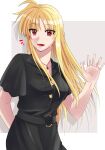  1girl :d arm_behind_back bangs black_dress blonde_hair collarbone dress eyebrows_visible_through_hair fate_testarossa floating_hair hair_between_eyes highres jewelry long_hair lyrical_nanoha mahou_shoujo_lyrical_nanoha open_mouth pendant red_eyes shadow shiny shiny_hair short_sleeves smile solo sougetsu_izuki standing straight_hair very_long_hair 