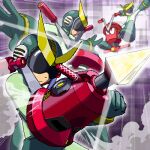  1boy android bodysuit commentary_request english_commentary gloves green_bodysuit green_gloves green_helmet helmet jackhammer korean_commentary light_rays lowres male_focus mega_man_(classic) mega_man_(series) mega_man_ii mixed-language_commentary multiple_views napo outstretched_arms quint_(mega_man) sunglasses weapon 