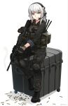  1girl absurdres black_boots black_jacket black_pants boots brown_gloves bullet camouflage camouflage_jacket camouflage_pants commentary commission ear_protection english_commentary full_body gloves grey_hair gun headset highres holding holding_gun holding_weapon imi_negev jacket lace-up_boots light_machine_gun long_sleeves looking_at_viewer machine_gun ndtwofives original pants shadow smile solo twitter_username weapon white_background 