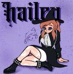  1girl a_hat_in_time absurdres aged_up alternate_costume belt black_belt black_boots black_hat black_nails blue_eyes boots breasts brown_hair character_name closed_eyes commentary english_commentary hat hat_kid highres long_hair long_sleeves morganafumo nelly_(xyronii) original ponytail purple_background shirt sidelocks white_shirt witch_hat 