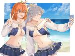  2girls absurdres ahoge anastasia_(fate) anastasia_(swimsuit_archer)_(fate) anastasia_(swimsuit_archer)_(fate)_(cosplay) bangs bare_shoulders beach bikini blue_bikini blue_eyes blue_skirt blue_sky blush bow breasts cleavage collarbone cosplay fate/grand_order fate_(series) fujimaru_ritsuka_(female) grin hair_bow hair_over_one_eye highres jewelry large_breasts long_hair long_sleeves miniskirt multiple_girls navel necklace one_side_up open_mouth orange_eyes orange_hair ponytail puffy_long_sleeves puffy_sleeves selfie shore silver_hair skirt sky smile suama_(0122) swimsuit v very_long_hair 