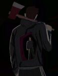  1boy afraid_of_monsters axe black_background black_hoodie black_pants brown_hair david_leatherhoff faceless fire_axe from_behind hand_in_pocket head_tilt holding holding_axe hole_in_chest hole_on_body hood hood_down hoodie looking_at_another looking_at_self male_focus mini_person miniboy multiple_views neo_jpeg over_shoulder pants short_hair solo standing weapon weapon_over_shoulder 