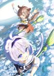  &gt;_&lt; 2girls ahoge aircraft animal_ears arms_up bone_hair_ornament bow bowtie braid broom broom_riding brown_hair cat_ears cat_girl cat_tail closed_eyes cloud comiket_105 commentary_request dirigible dog_ears dog_girl dog_tail flying from_above from_side hair_between_eyes hair_ornament hairband high_up highres hololive inugami_korone inugami_korone_(street) multiple_girls nekomata_okayu nekomata_okayu_(casual) nokisaki_nibosi purple_eyes purple_hair purple_hairband red_skirt scenery shirt shorts skirt star_(symbol) star_in_eye symbol_in_eye tail turning_head twin_braids virtual_youtuber white_shirt wind yellow_bow yellow_bowtie 