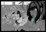  2girls ^^^ aqua_bow aqua_bowtie aqua_ribbon asuna_(blue_archive) bare_shoulders blue_archive bow bowtie breasts cleavage commentary_request diet_coke_and_mentos_(meme) gloves greyscale highres karin_(blue_archive) karin_(bunny)_(blue_archive) large_breasts looking_at_another maid meme monochrome multiple_girls no_halo official_alternate_costume ribbon sashizume_soutarou selfie v 