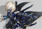  1girl aqua_eyes armor blonde_hair bodysuit cyborg gauntlets green_eyes grey_background hair_over_one_eye hood hyemalequisetum katana looking_at_viewer mask mouth_mask neon_trim original outstretched_arms scabbard shadow sheath sheathed short_hair simple_background solo spread_arms sword weapon 