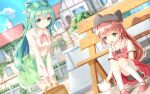  2girls animal_ear_headwear bag bike_shorts breasts brown_hair cat cecile_leica_engel_berglund convenient_leg elf flower fountain frilled_skirt frills green_eyes green_hair green_skirt harutsuge_yumemi irina_bondarchuk iris_mysteria! multiple_girls pointy_ears red_ribbon red_skirt ribbon skirt small_breasts socks town 
