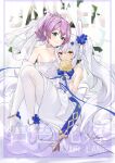  2girls animal_ears azur_lane blue_flower blue_ribbon bouquet breasts bridal_veil bunny_hair_ornament carrying dress fake_animal_ears flower green_eyes hair_ornament holding holding_bouquet javelin_(azur_lane) javelin_(blissful_june_bride)_(azur_lane) laffey_(azur_lane) laffey_(white_rabbit&#039;s_oath)_(azur_lane) long_hair looking_at_viewer medium_hair multiple_girls official_alternate_costume pantyhose princess_carry purple_hair rabbit_ears ribbon shoes sleeveless sleeveless_dress small_breasts strapless strapless_dress touristdw twintails veil very_long_hair wedding_dress white_dress white_footwear yellow_eyes 