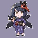  1girl black_hair black_sandals black_wings brown_eyes chibi closed_mouth commentary_request full_body genshin_impact grey_background highres holding holding_sword holding_weapon japanese_clothes katana kimono kujou_sara long_sleeves mask mask_on_head mokkyo_(motkyo) outline over_shoulder purple_kimono sandals short_hair simple_background solo standing sword sword_over_shoulder v-shaped_eyebrows weapon weapon_over_shoulder white_outline wide_sleeves wings 
