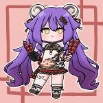 1girl :t asymmetrical_legwear black_gloves black_shoes blush brown_eyes chibi closed_mouth commentary_request dress eating egasumi food frilled_dress frills full_body gloves hair_between_eyes highres holding holding_food honkai_(series) honkai_impact_3rd long_hair mokkyo_(motkyo) outline pink_background purple_hair ringlets shoes single_glove sirin socks solo thighhighs twintails very_long_hair white_dress white_outline white_socks white_thighhighs 