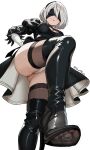  1girl 2b_(nier:automata) 9s_(nier:automata) absurdres artist_name ass_visible_through_thighs black_blindfold black_hairband blindfold boots breasts cleavage cleavage_cutout closed_mouth clothing_cutout commentary feet foot_focus from_below giant giantess hairband hand_on_own_hip high_heel_boots high_heels highres juliet_sleeves leotard long_sleeves medium_breasts nier:automata nier_(series) payetvore puffy_sleeves short_hair simple_background skindentation smile solo stepped_on thigh_boots thighs white_background white_hair 