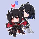  2girls :t ahoge animal bare_shoulders black_boots black_dress black_hair blue_background blue_eyes blue_hair blush boots breasts bug butterfly chibi cleavage closed_mouth commentary_request dress elbow_gloves flower gloves grey_thighhighs hair_flower hair_ornament highres honkai_(series) honkai_impact_3rd keyhole knee_boots mokkyo_(motkyo) multicolored_hair multiple_girls outline pout red_eyes red_gloves red_hair see-through_cleavage see-through_clothes seele_(alter_ego) seele_vollerei shoes simple_background smile standing sweat thighhighs thighhighs_under_boots two-tone_hair white_flower white_gloves white_outline white_shoes white_thighhighs 