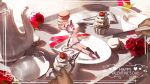  1girl 1other ahoge arm_support asymmetrical_legwear backlighting bare_shoulders bat_wings black_socks border bow bowtie cake camila&#039;s_valentine&#039;s_day_art_contest camila_(vtuber) cherry closed_mouth colored_eyelashes commentary cookie cup dark_skin demon_girl diamond_facial_mark dot_mouth facial_mark flower food fork from_above from_side fruit happy_valentine head_wings heart heart_facial_mark highres holding holding_fork holding_knife indie_virtual_youtuber knife long_hair long_sleeves looking_at_viewer maneko_o mini_person mismatched_eyelashes mismatched_legwear multicolored_hair ornate_border pink_hair plate pointy_ears purple_bow purple_bowtie purple_eyes purple_skirt red_flower red_rose rose short_hair sitting skirt socks streaked_hair sweater teacup virtual_youtuber white_hair white_socks white_sweater wide_shot wings 