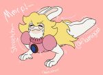 2024 2_toes 4_fingers all_fours anthro arms_bent artist_name black_eyebrows blonde_hair bottomless bottomless_anthro bottomless_female closed_smile clothed clothed_anthro clothed_female clothing crossover digital_drawing_(artwork) digital_media_(artwork) english_description english_text eyebrow_through_hair eyebrows eyes_closed feet female female_anthro fingers flamigoat flat_colors fur gem hair hi_res lagomorph long_ears long_hair mammal mario_bros mario_plus_rabbids_kingdom_battle motion_lines mouth_closed multicolored_body nintendo pink_background pink_clothing pink_shirt pink_topwear rabbid rabbid_peach raving_rabbids rayman_(series) sapphire_(gem) shirt simple_background smile solo stretching tan_body tan_eyelids tan_inner_ear tan_skin text toes topwear translucent translucent_hair two_tone_body ubisoft white_body white_fur