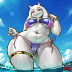 1:1 4_fingers absurd_res anthro big_breasts bikini boss_monster_(undertale) bovid bracelet breasts caprine clothed clothing curvy_figure day eyelashes fangs female fingers floppy_ears fur hi_res horn jewelry legband long_ears low-angle_view lubos mammal mature_anthro mature_female outside partially_submerged portrait signature solo standing swimwear teeth thick_thighs thighband three-quarter_portrait toriel two-piece_swimsuit undertale_(series) voluptuous water wet white_body white_fur wide_hips