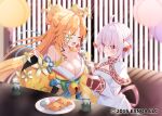  2girls :d ^_^ ahoge bell blonde_hair blush braid breasts capelet character_request cleavage closed_eyes cup cyclamen_(flower_knight_girl) dango dress feeding flower flower_knight_girl food hair_flower hair_ornament hair_over_one_eye hair_ribbon indoors japanese_clothes jingle_bell kimono large_breasts long_hair long_sleeves multiple_girls obi off_shoulder official_art pinching_sleeves plate red_eyes ribbon sash short_hair sleeves_past_wrists smile umeko_machi very_long_hair wagashi white_capelet white_dress white_flower white_hair white_ribbon wide_sleeves yellow_kimono yunomi 
