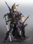  1girl animal_ear_fluff animal_ears armor blonde_hair blue_eyes bodysuit energy_sword fox_ears fox_tail full_body hair_between_eyes hand_on_hilt hand_on_own_hip highres hyemalequisetum long_hair looking_to_the_side mecha_musume multiple_swords multiple_weapons original planted planted_sword purple_eyes science_fiction sheath solo standing sword tail very_long_hair weapon 