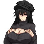  1girl black_hair black_headwear black_sweater breast_squeeze breasts brown_eyes cabbie_hat cleavage commentary_request hair_between_eyes hat highres large_breasts long_hair looking_at_viewer m.u.g.e.n meme_attire open-chest_sweater original ribbed_sweater scar scar_on_cheek scar_on_face scar_on_hand sendai_hakurei_no_miko solo sweater touhou transparent_background turtleneck turtleneck_sweater upper_body virtual_youtuber yagami_(mukage) 