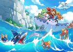  1boy 1girl absurdres bandana blue_sky brown_hair carvanha cloud day green_hair grey_jacket highres jacket kirlia magikarp mantine may_(pokemon) open_mouth outdoors pokemon pokemon_(creature) pokemon_oras red_bandana red_shirt remoraid sharp_teeth sharpedo shirt short_sleeves sky smore_(smearg) teeth torchic wally_(pokemon) water wingull 