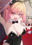  2girls absurdres akuame_(ring3922) animal_ear_hairband animal_ears black_leotard blonde_hair breasts detached_collar fake_animal_ears fake_tail gradient_hair hair_ornament hairband heart highleg highleg_leotard highres holding holding_phone hololive hololive_dev_is ichijou_ririka large_breasts leotard long_hair looking_at_viewer multicolored_hair multiple_girls musical_note musical_note_hair_ornament one_side_up orange_eyes otonose_kanade phone pink_hair playboy_bunny rabbit_ear_hairband rabbit_ears rabbit_tail red_eyes sitting star-shaped_pupils star_(symbol) strapless strapless_leotard symbol-shaped_pupils tail virtual_youtuber wariza wrist_cuffs 