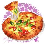  commentary_request food food_focus highres leaf momiji_mao no_humans original pizza plate signature simple_background translation_request white_background 