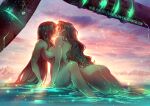  2girls aerith_gainsborough ass black_hair blush bracelet breasts brown_hair cherry_in_the_sun closed_eyes cloud cloudy_sky completely_nude final_fantasy final_fantasy_vii jewelry kiss large_breasts long_hair multiple_girls nude outdoors sky tifa_lockhart very_long_hair water wavy_hair wet yuri 